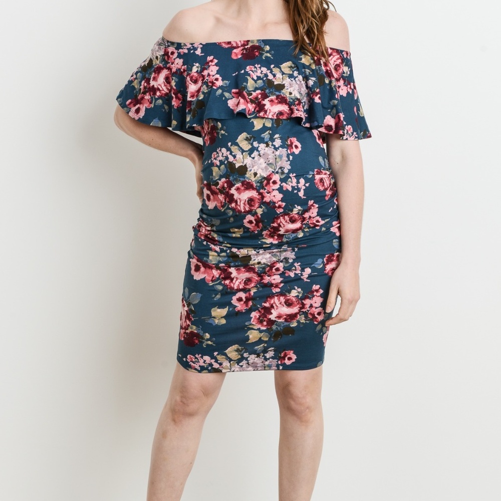 <CMD1590L> Teal Floral Off-Shoulder Maternity Dress